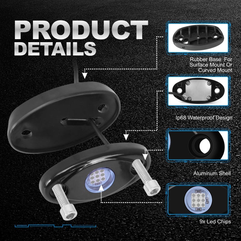LY8 4Pods LED Rock Lights Blue Neon Underglow Lighting for Car Trucks ATV UTV SUV Boat Underbody Glow Trail Rig Light (Blue) - Image 2